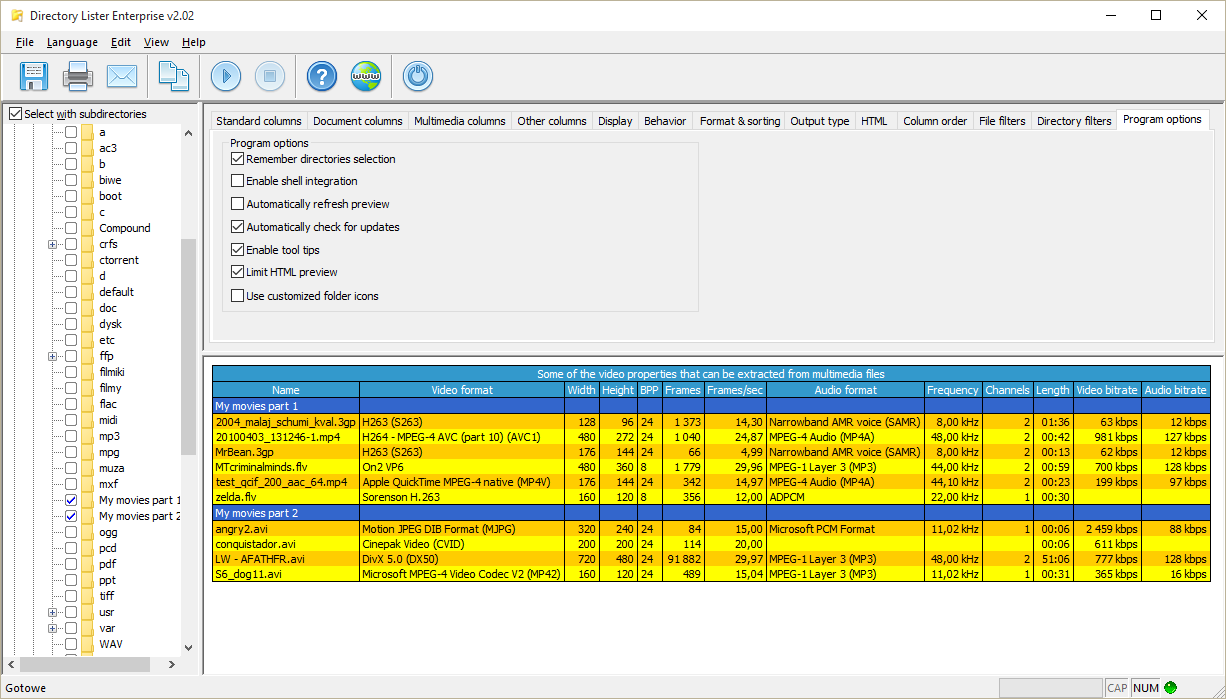 Directory Lister - Program options