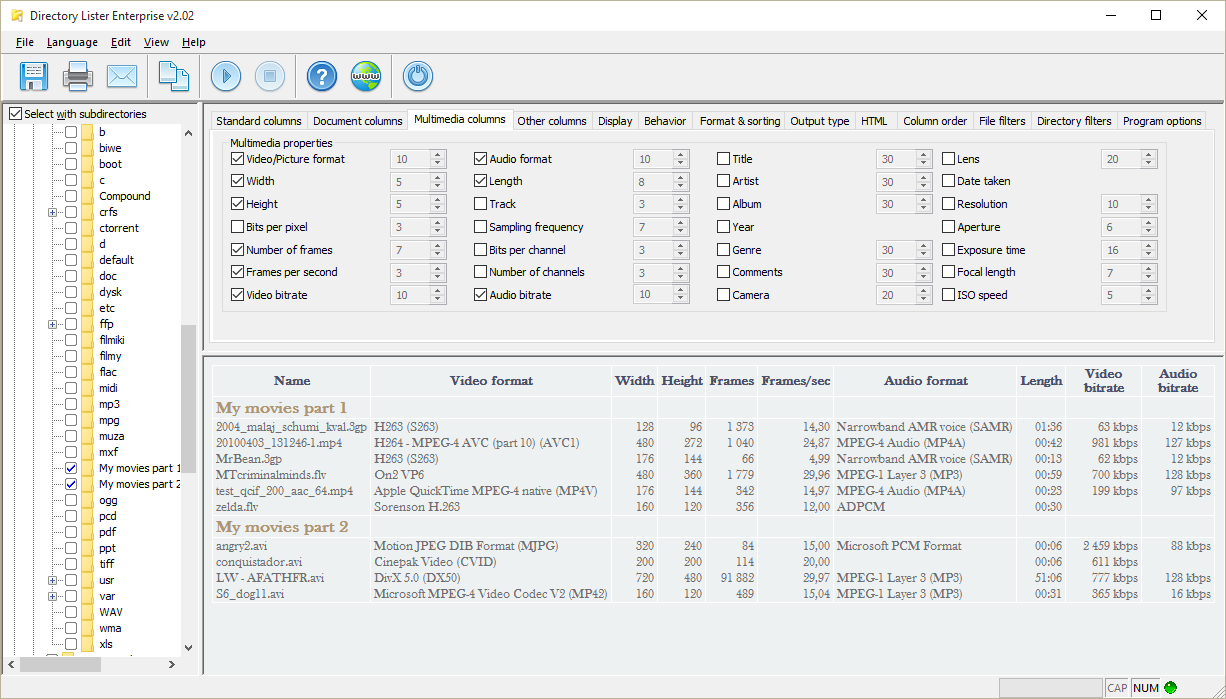 Directory Lister - Video properties